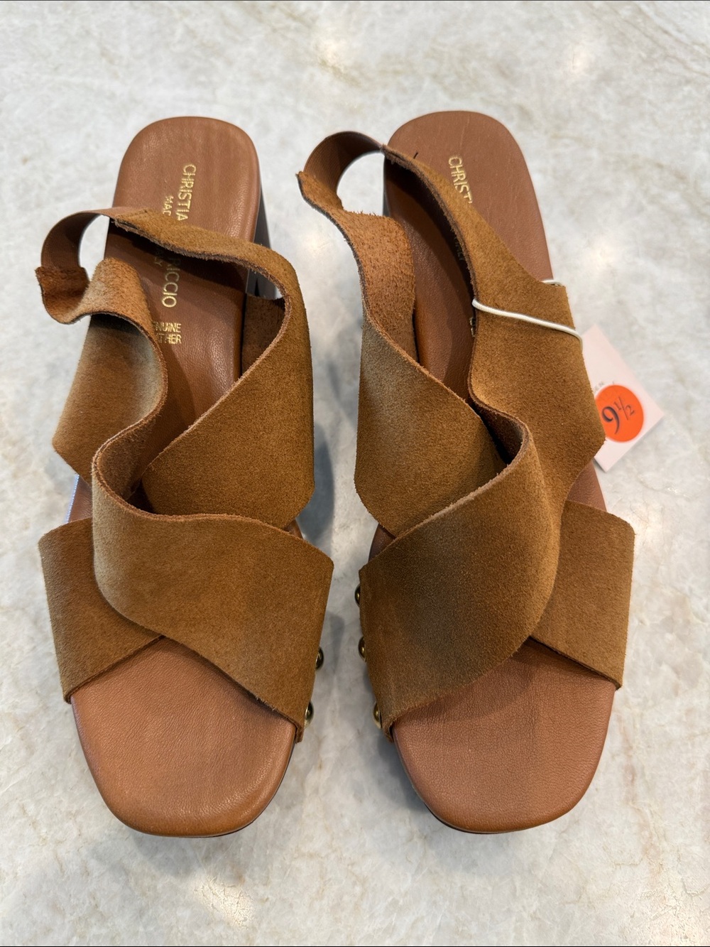 Christian Di Riccio Tan Suede Twist Strap Slide Sandals